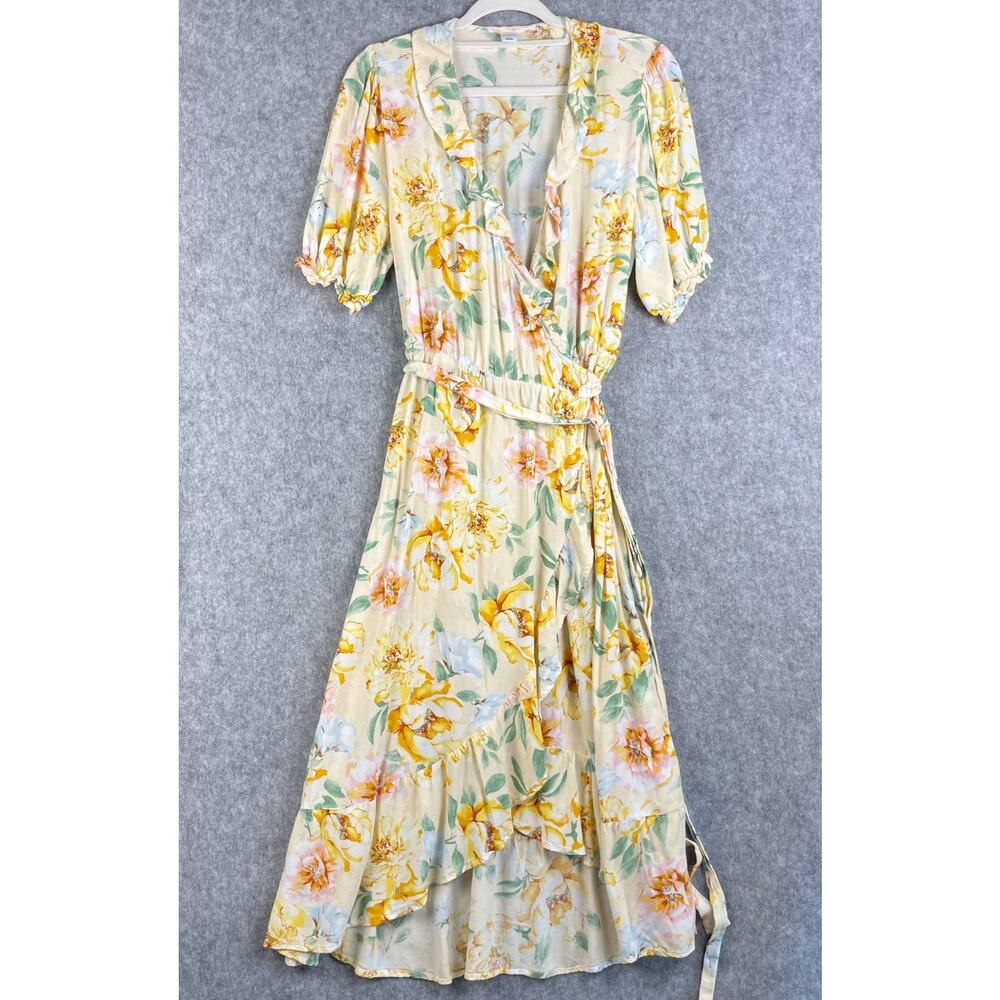 Old Navy Wrap Dress Womens Large Yellow Floral Midi Ruffle Flowy Romantic Fairy